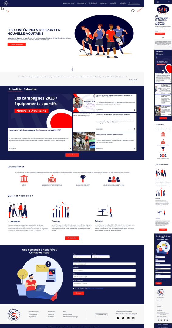 Aperçu Web et mobile de la page d'acceuil du site de la Conférence Régionale des Sports de Nouvelle-Aquitaine.